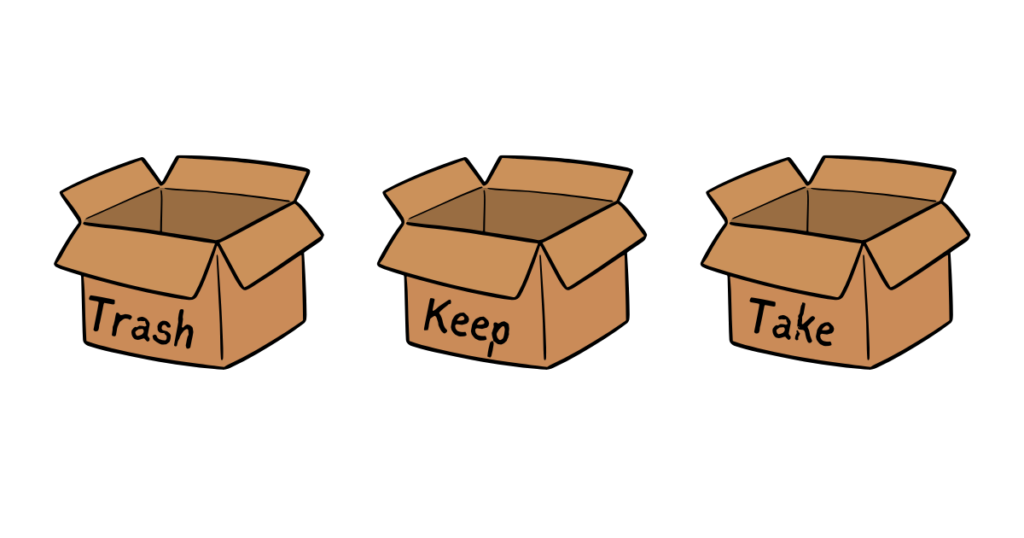 3 boxes. Trash, Keep, Take Teaching organization skills to students