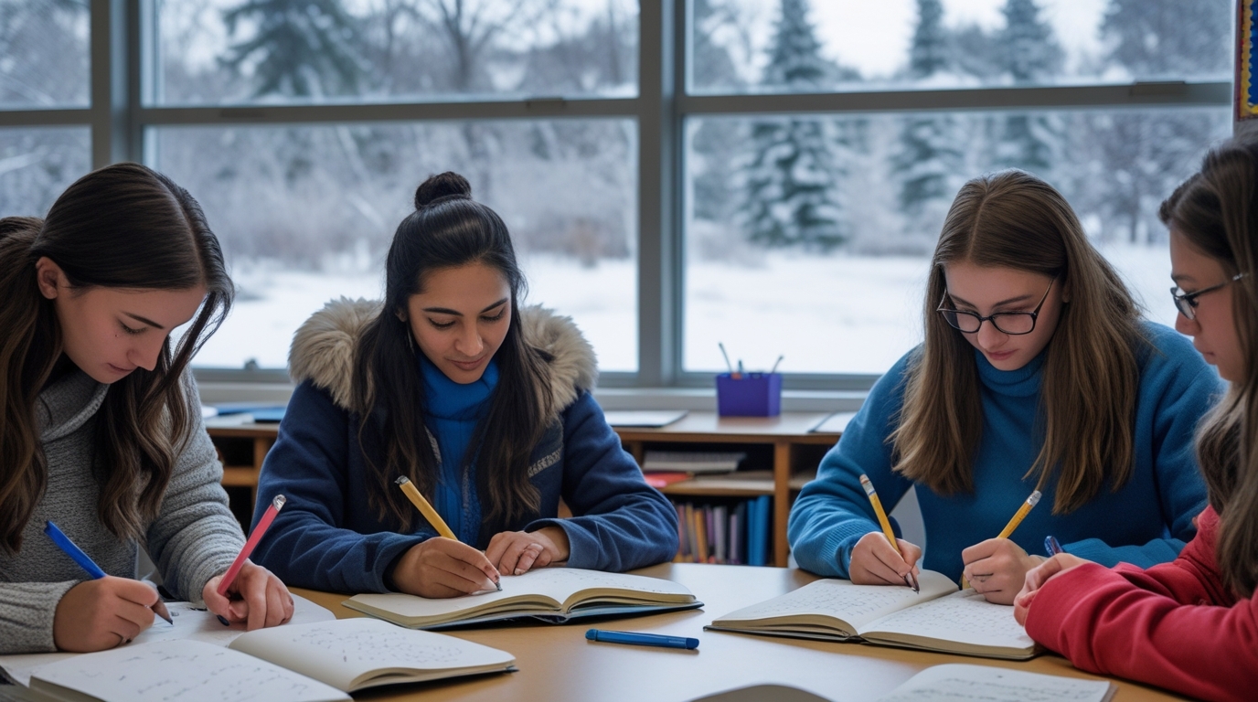 Cozy winter classroom with students journaling and snowflakes on windows; teacher leading a mindfulness moment.