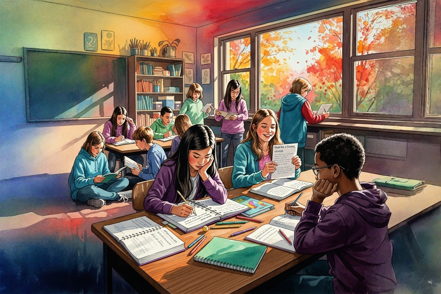 Middle school students organizing planners and gratitude reflections in a bright classroom; warm autumn colors, cozy classroom lighting, positive teamwork. Building Responsible Learners: Executive Function Activities That Teach Gratitude and Growth
