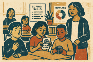 Emotional Regulation in the classroom. Students sitting in class using coping skills.